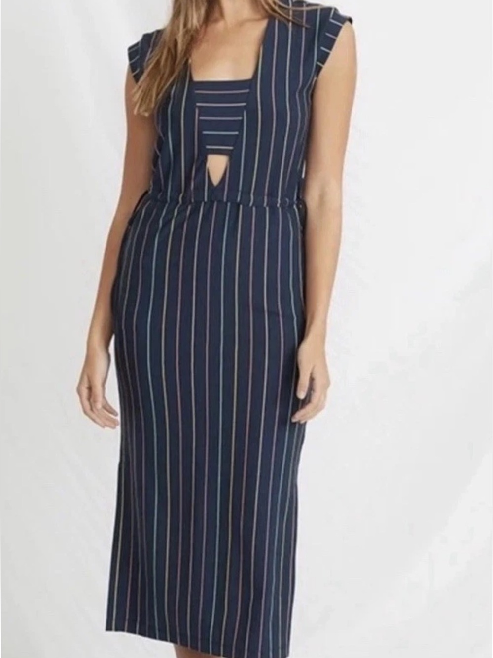 Marine Layer Navy Midi Dress with Multicolor Pinstripes